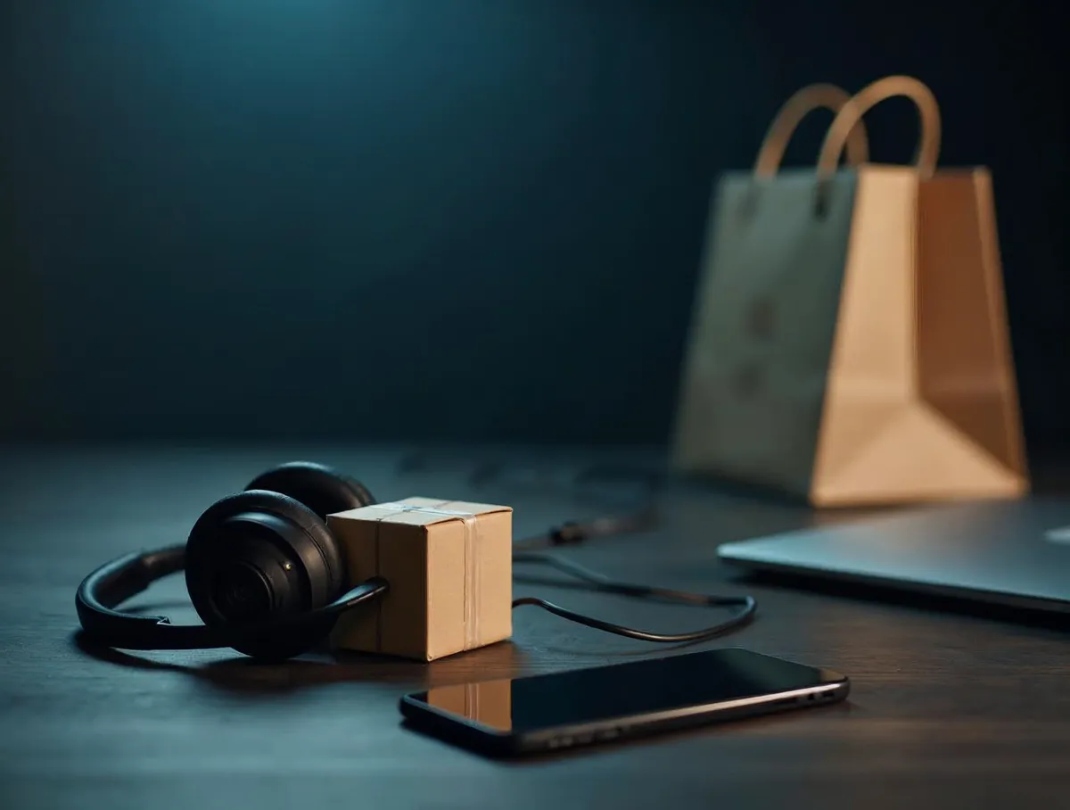 Auriculares de agente de contact center junto a un ordenador con una tienda online, atención al cliente para ecommerce