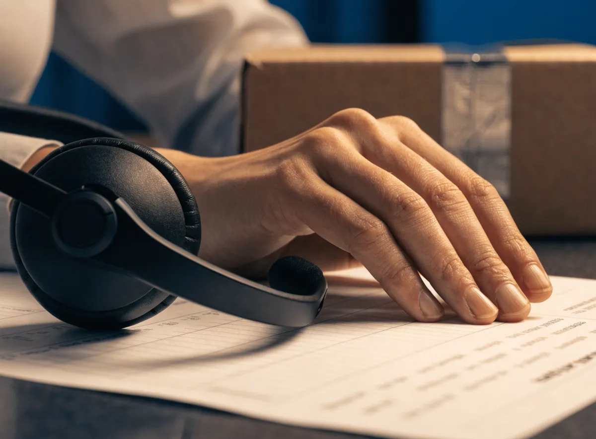 Mano de una agente sobre un albarán de entrega impreso junto a unos auriculares y una caja de cartón: atención al cliente en logística e incidencias de entrega