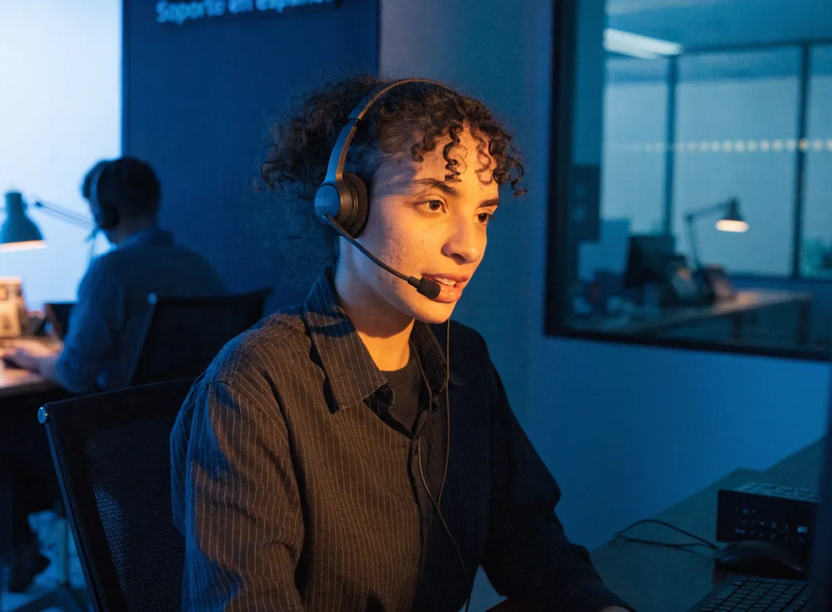 Agente de contact center atendiendo una llamada de atención al cliente multilingüe