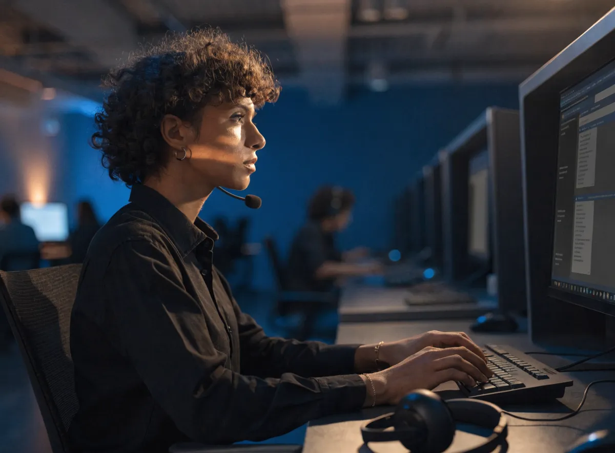 Agente de contact center atendiendo conversaciones de atención al cliente por WhatsApp desde su puesto de trabajo