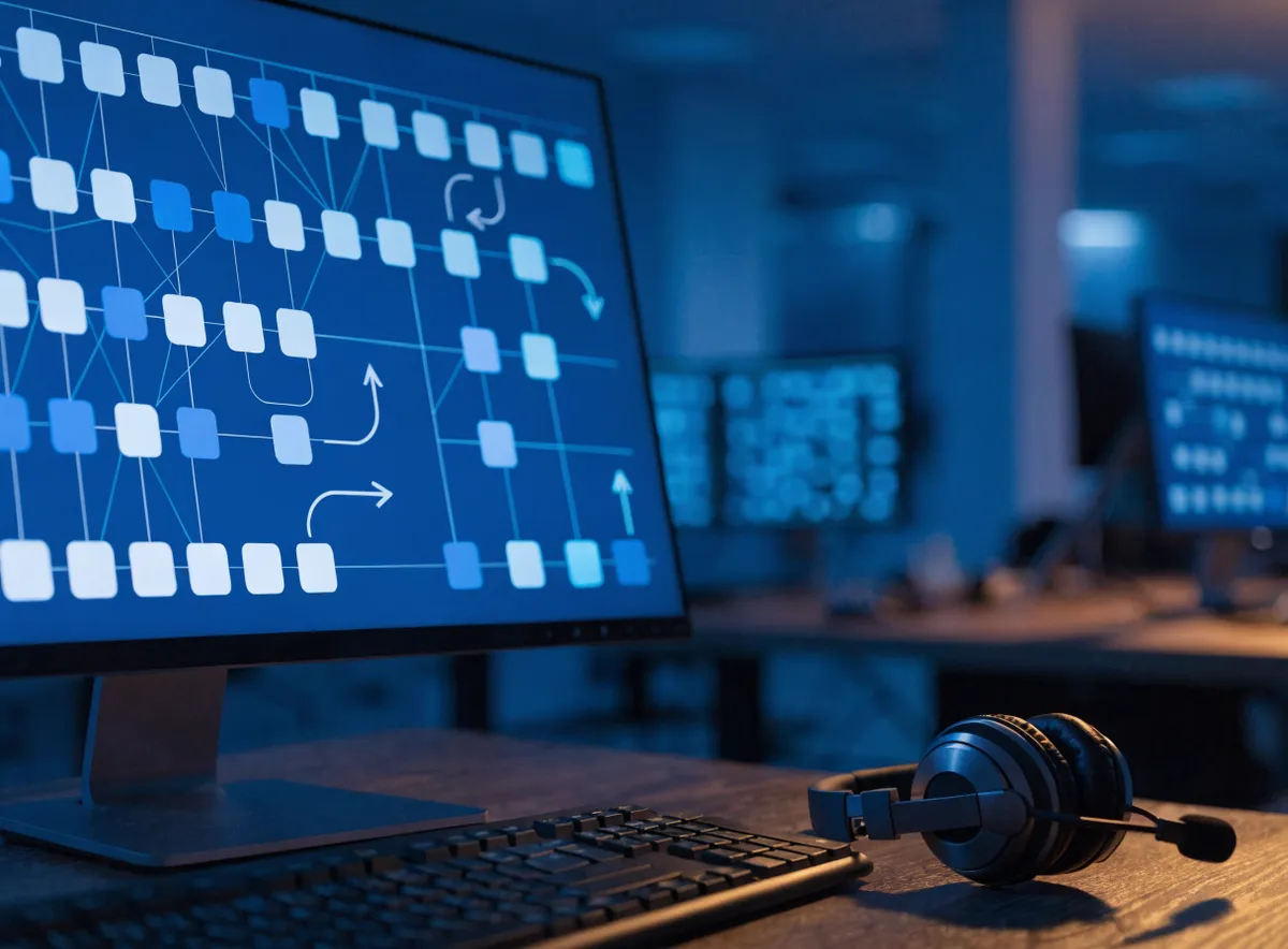 Pantalla de un contact center mostrando un flujo de trabajo automatizado sobre un escritorio de oficina