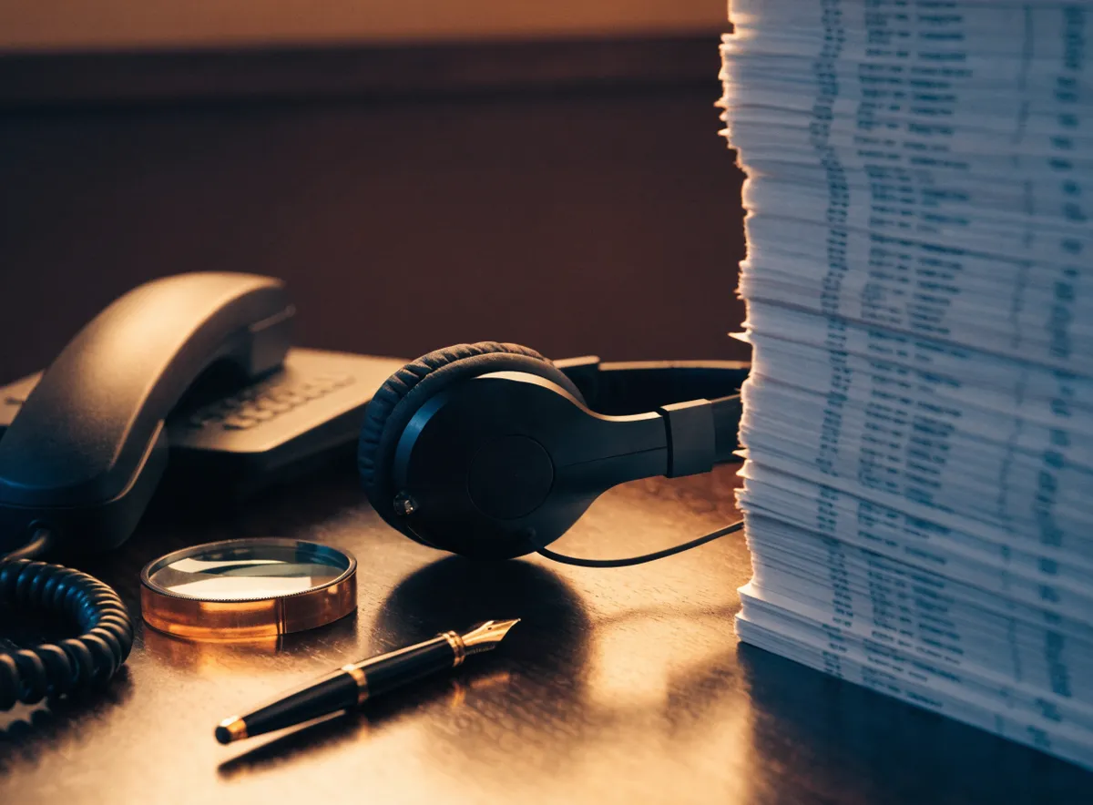 Listado de contactos impreso junto a unos auriculares y un teléfono fijo sobre la mesa de un puesto de telemarketing
