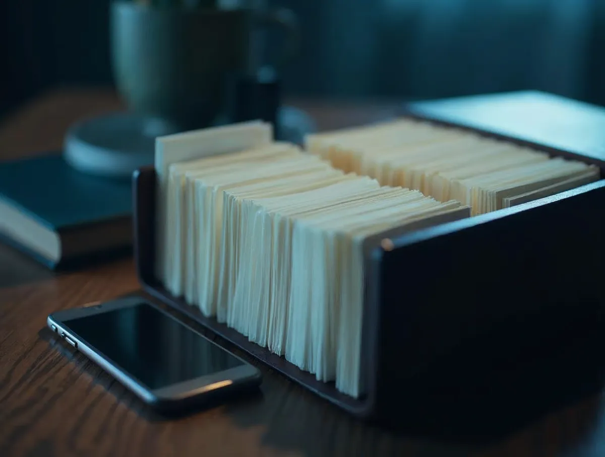Fichero de tarjetas de contacto y un smartphone sobre un escritorio: base de datos de clientes