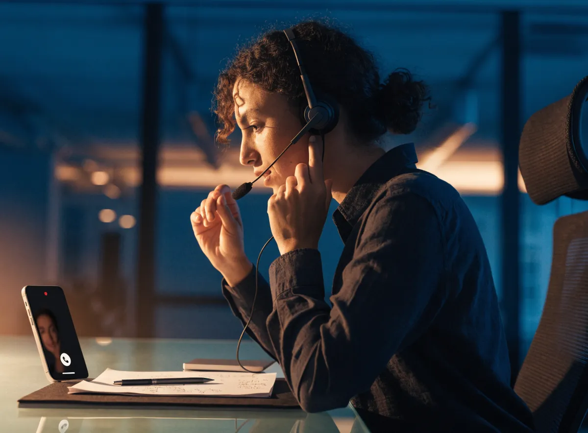 Agente de prospección telefónica dejando un mensaje en el buzón de voz con auriculares, libreta con notas y el móvil sobre la mesa
