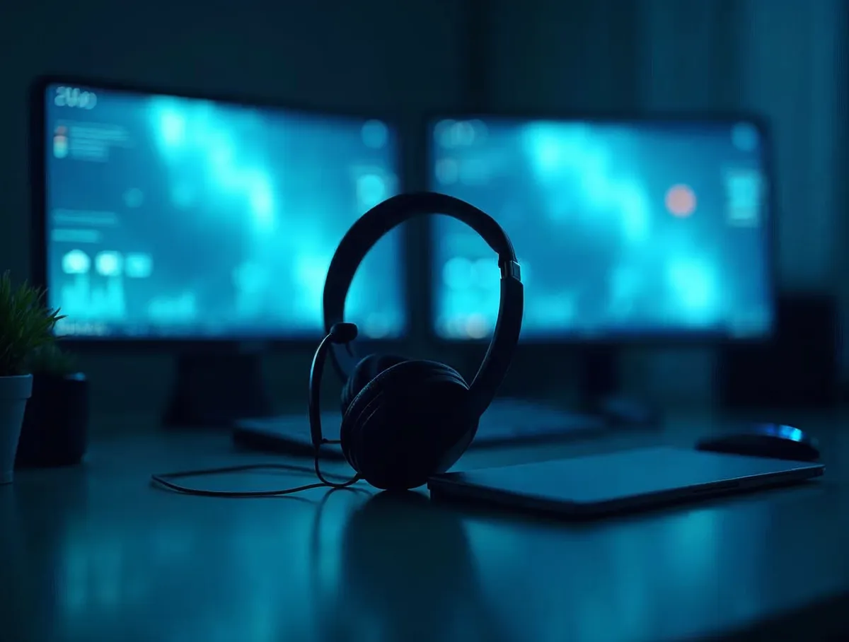 Auriculares de call center frente a dos monitores iluminados: qué es un call center