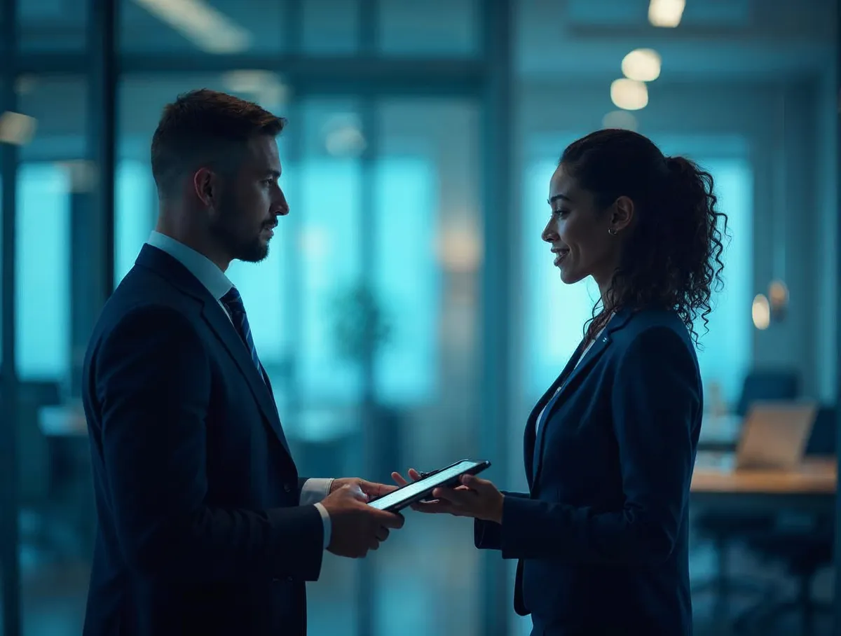 Ejecutivos B2B construyendo relación profesional en oficina corporativa