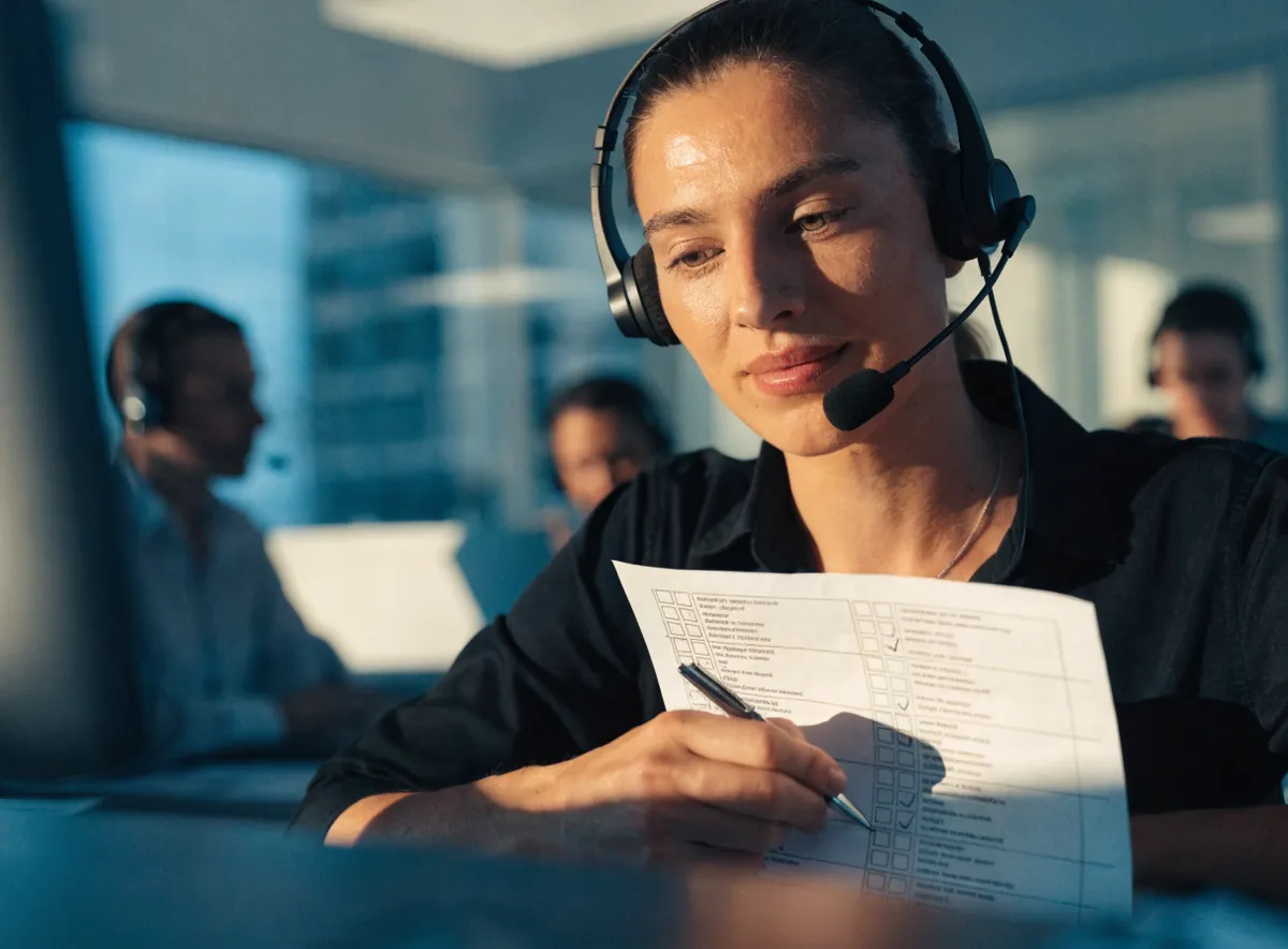 Agente de contact center repasando el listado de inscritos durante una llamada de confirmación de asistencia a un evento