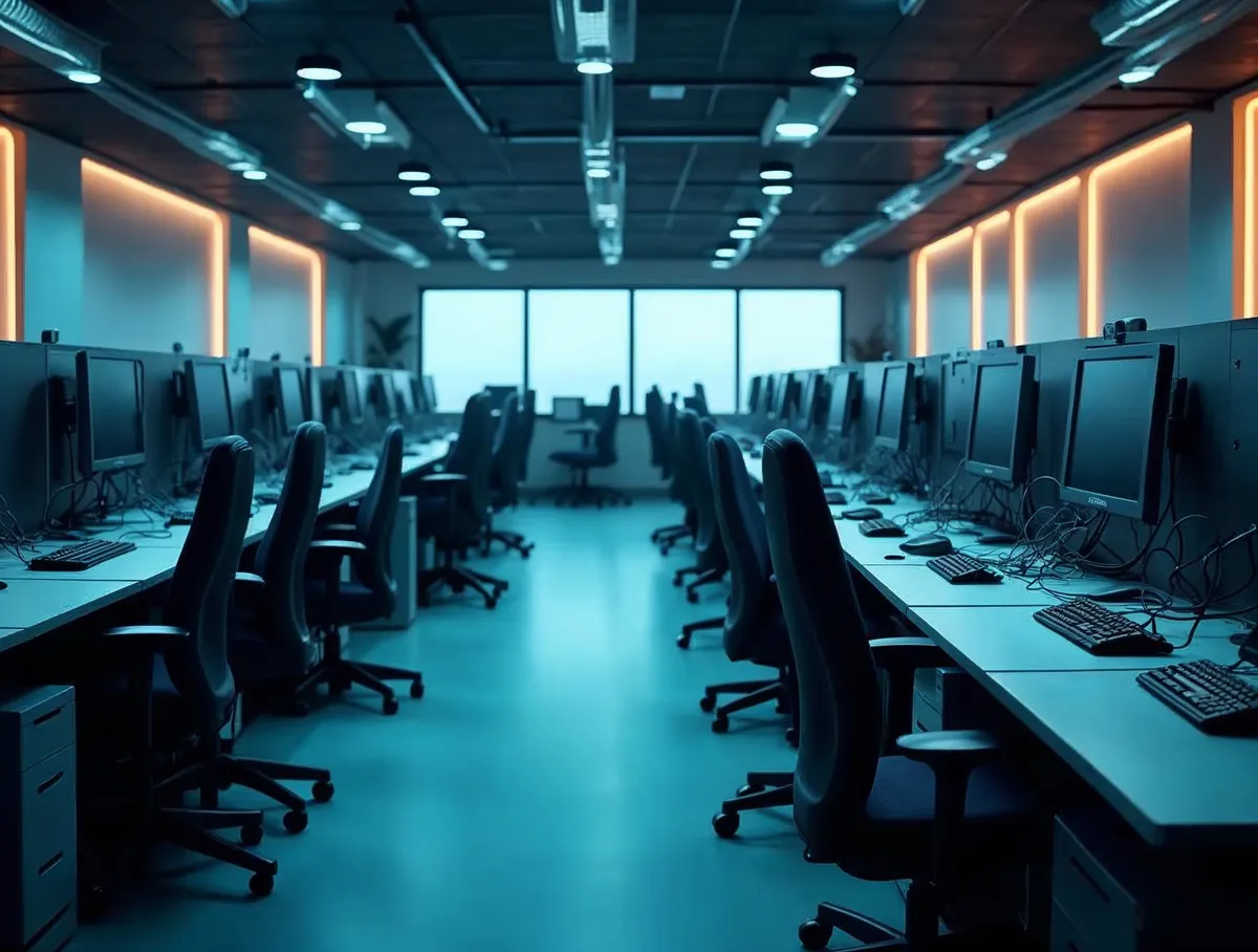 Espacio de trabajo de un contact center externo con puestos de teleoperador equipados