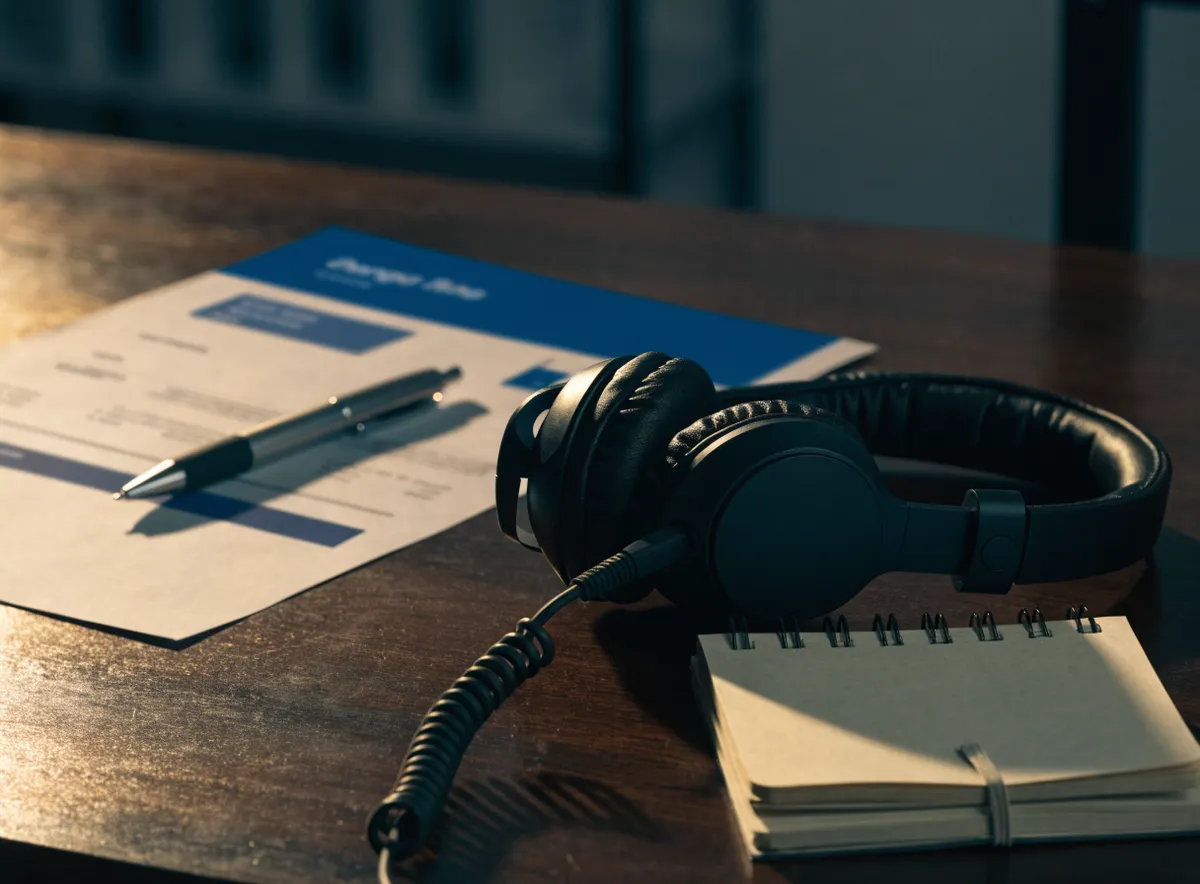 Puesto de contact center para el sector energético: auriculares, una factura de luz impresa y un bolígrafo sobre la mesa