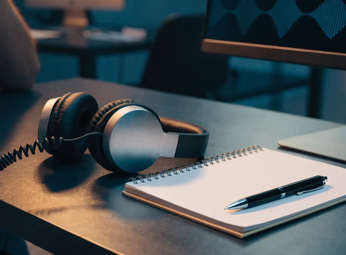 Auriculares y bloc de evaluación en el puesto de calidad de un contact center junto a la onda de audio de una llamada grabada