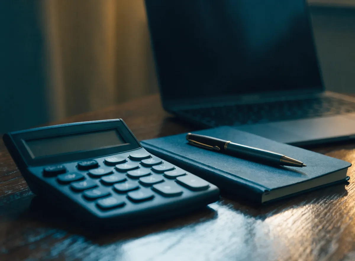 Calculadora, libreta y portátil sobre una mesa, que ilustra el cálculo del precio de una campaña de telemarketing