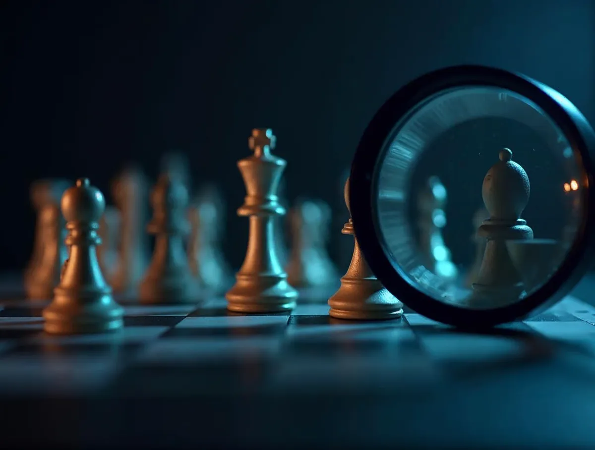 Piezas de ajedrez y una lupa sobre un tablero: estudio de la competencia