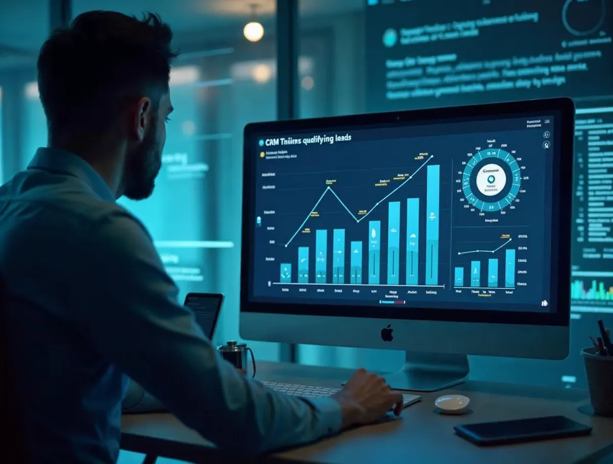 Analista gestionando pipeline de leads con CRM en oficina corporativa