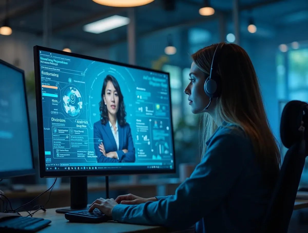 Profesional de contact center colaborando con inteligencia artificial en pantalla