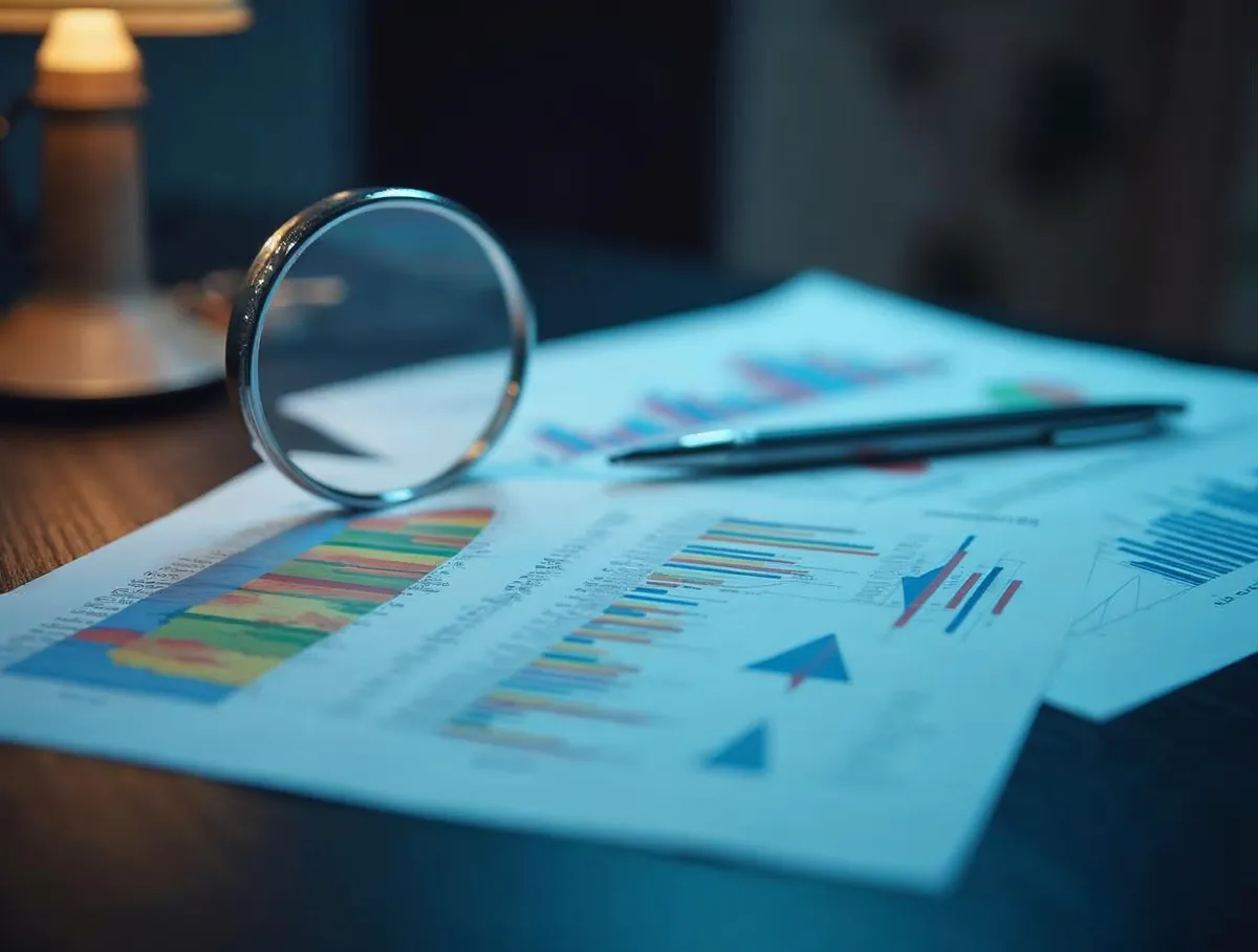 Gráficos impresos y una lupa sobre una mesa: análisis de datos en campañas de telemarketing