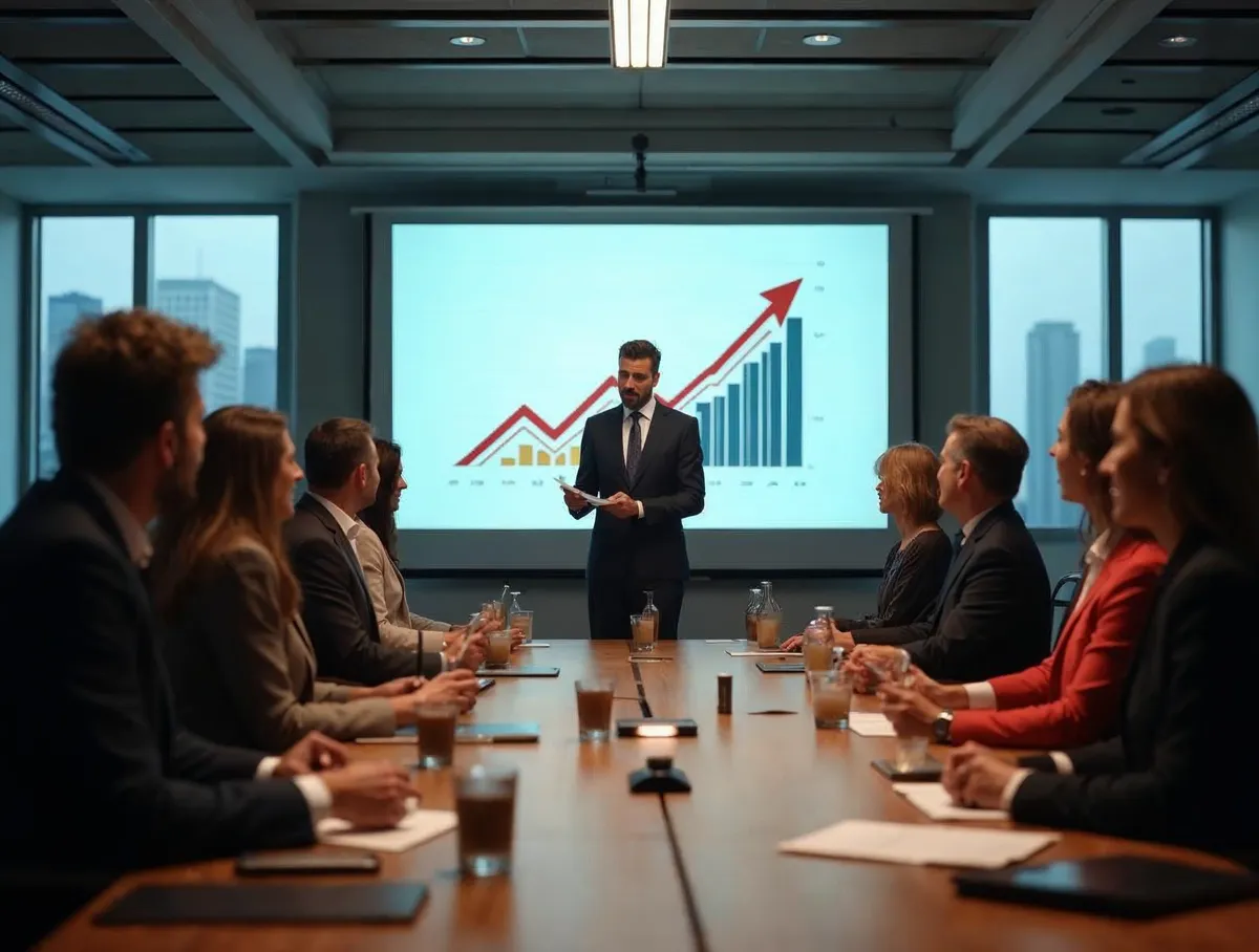 Ejecutivo presentando estrategia de crecimiento empresarial con resultados positivos