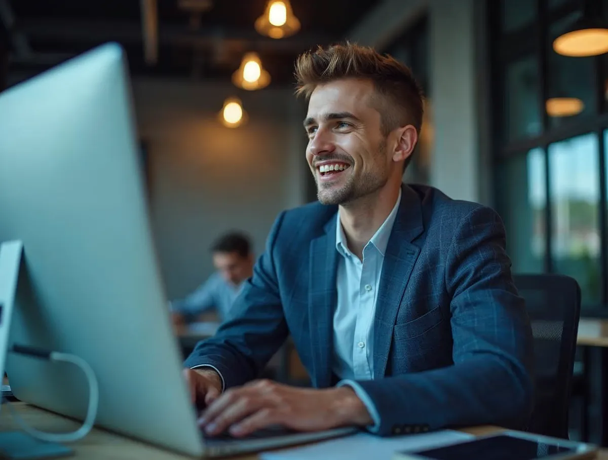 Fundador de startup receptivo a llamada de prospección B2B en coworking moderno