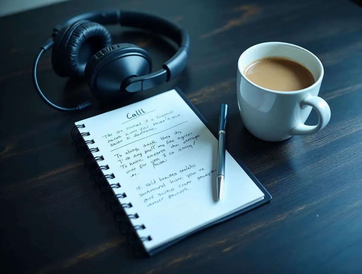 Auriculares, guion de llamada, libreta y café sobre una mesa: materiales de telemarketing