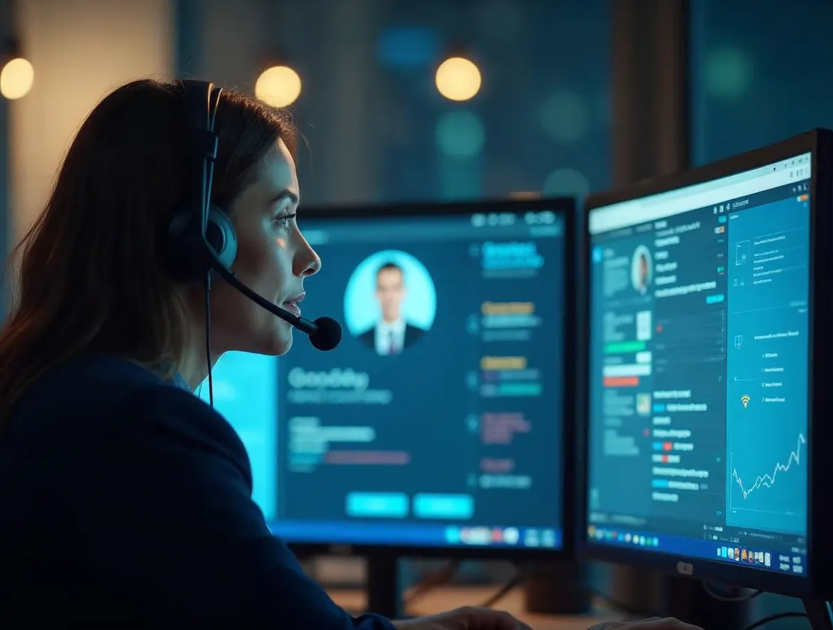 Teleoperador realizando llamada de ventas personalizada con perfil de cliente en pantalla