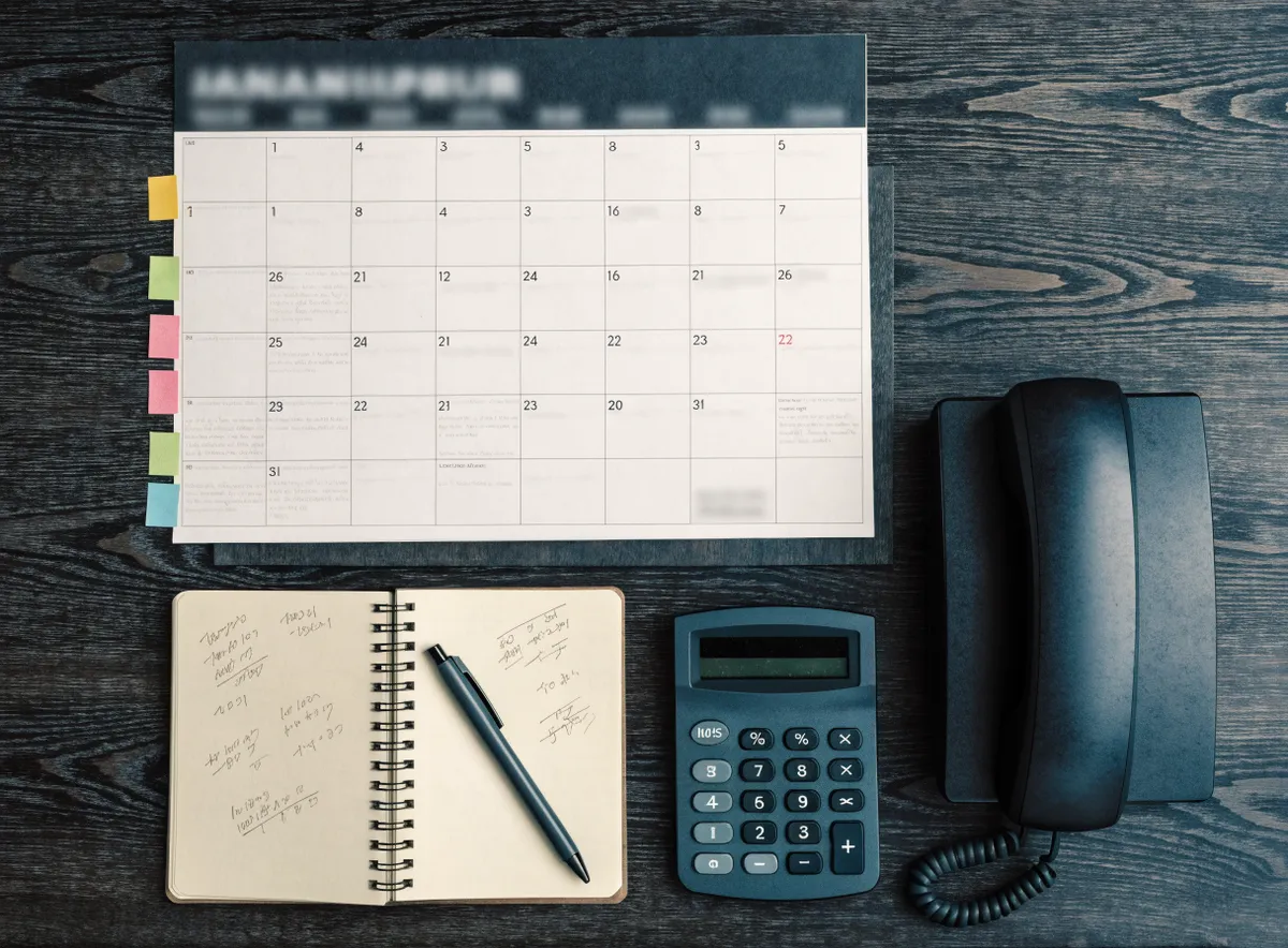 Calendario anual impreso con semanas marcadas, libreta con cálculos, calculadora y teléfono de sobremesa: el plan de prospección comercial del año