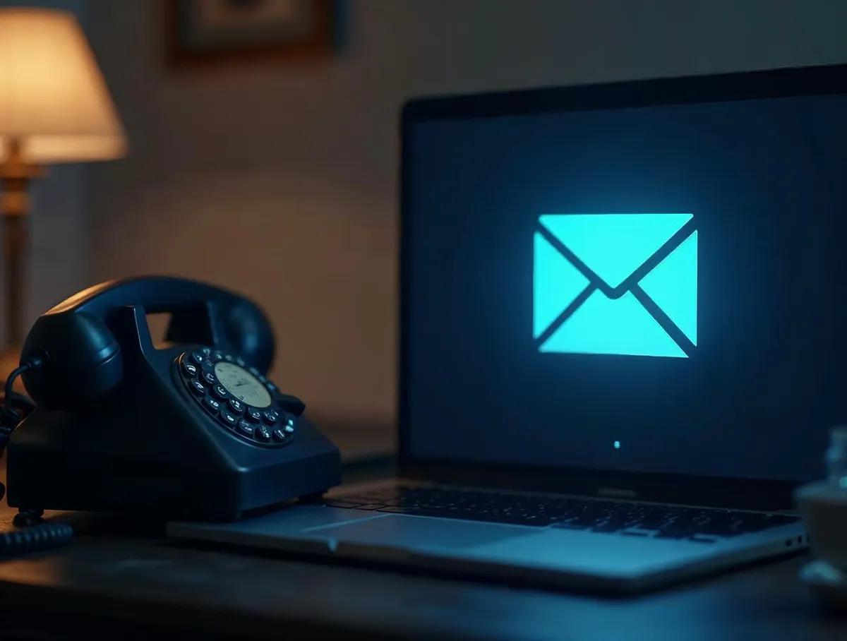 Teléfono clásico junto a un portátil con un icono de email: campañas telefónicas frente al email