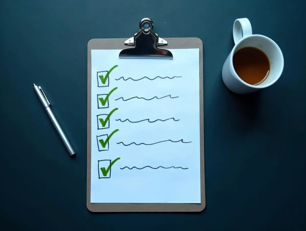 Checklist con marcas de verificación, un bolígrafo y un café: preparar una campaña de telemarketing