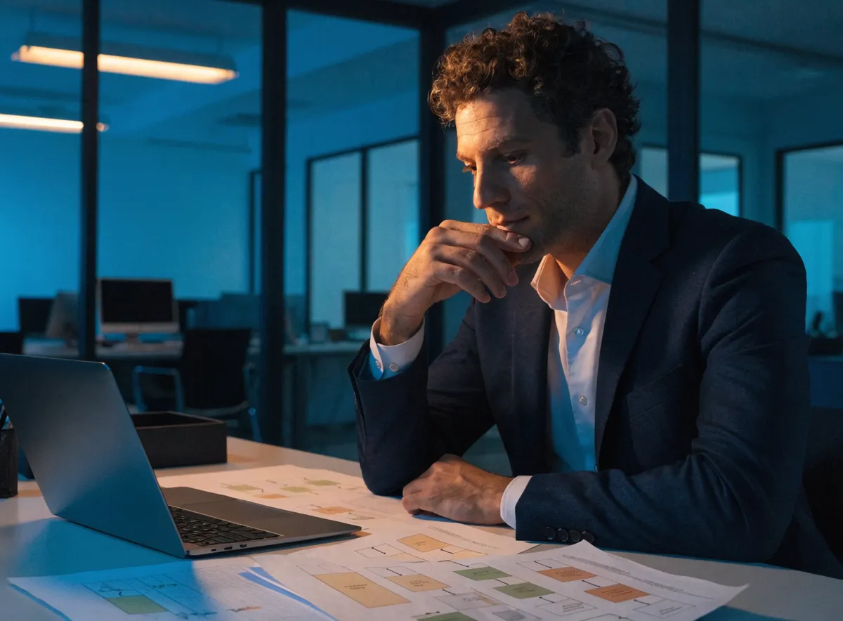 Responsable de operaciones revisando diagramas de procesos en su escritorio para decidir qué externalizar en un servicio BPO