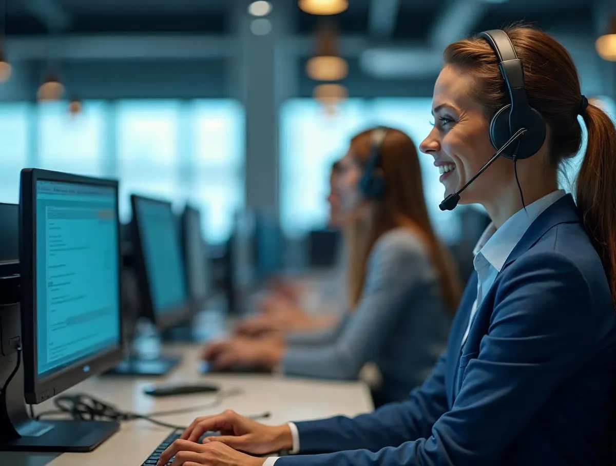 Agente de telemarketing profesional con auriculares explicando servicios B2B en contact center