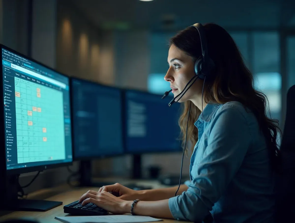 Agente de telemarketing concertando una visita comercial B2B por teléfono en un contact center