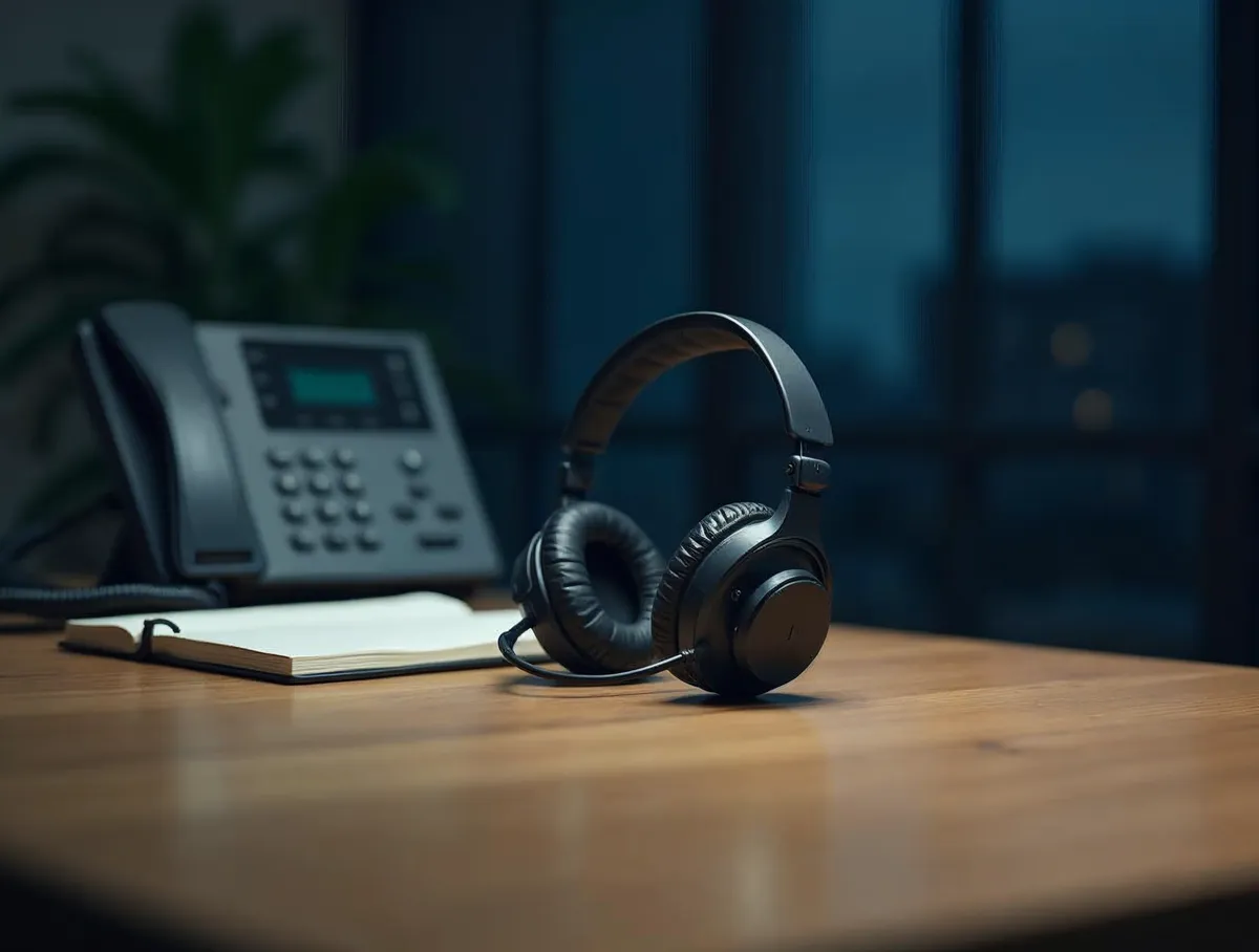 Auriculares de call center sobre un escritorio de oficina junto a un teléfono fijo