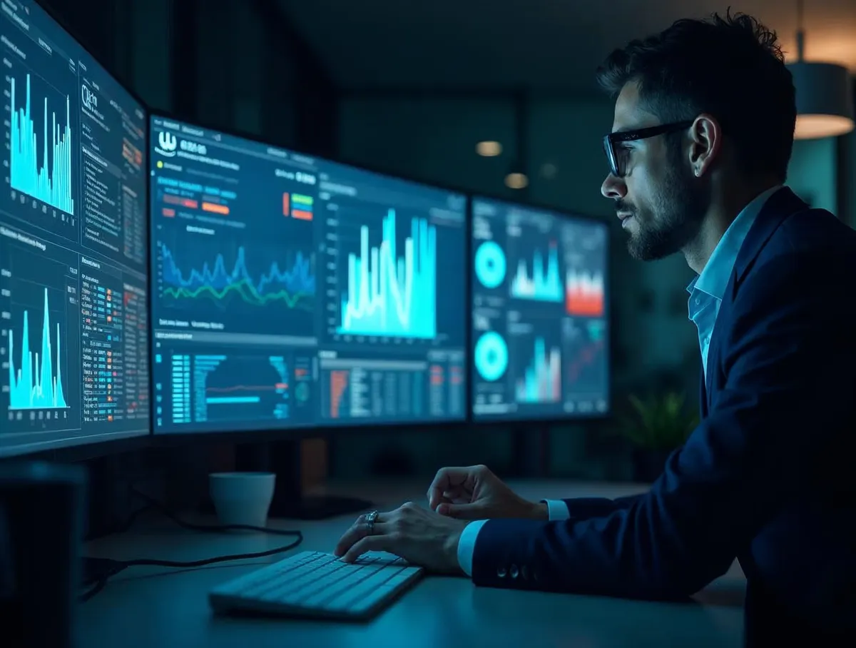 Analista realizando estudio de mercado con datos e inteligencia competitiva en pantallas