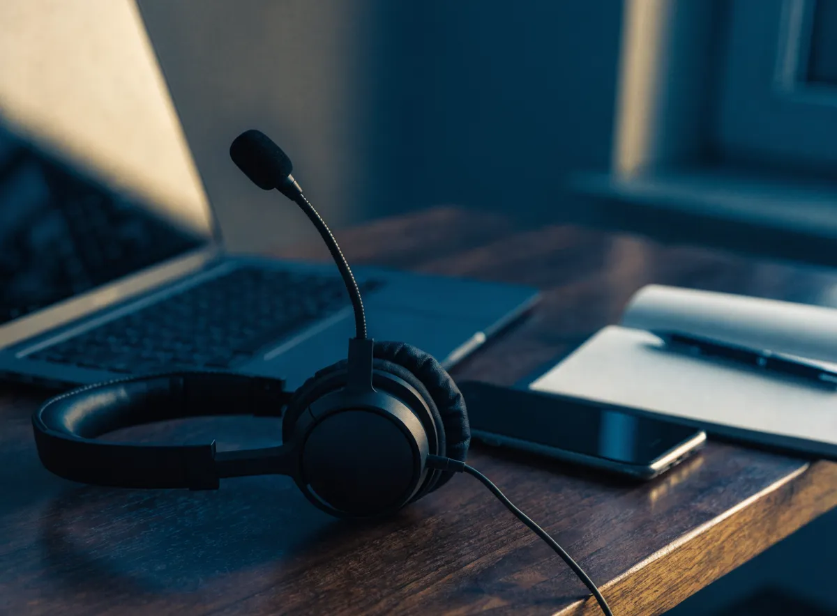 Escritorio de un SDR con auriculares, portátil y libreta, que ilustra el rol del Sales Development Representative en la prospección B2B