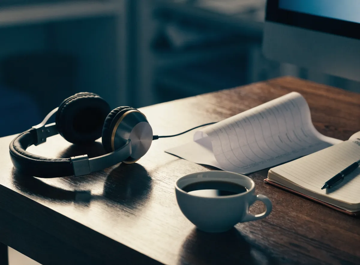 Puesto de trabajo de un teleoperador: auriculares, guion de llamada impreso, libreta y café sobre la mesa de un contact center B2B