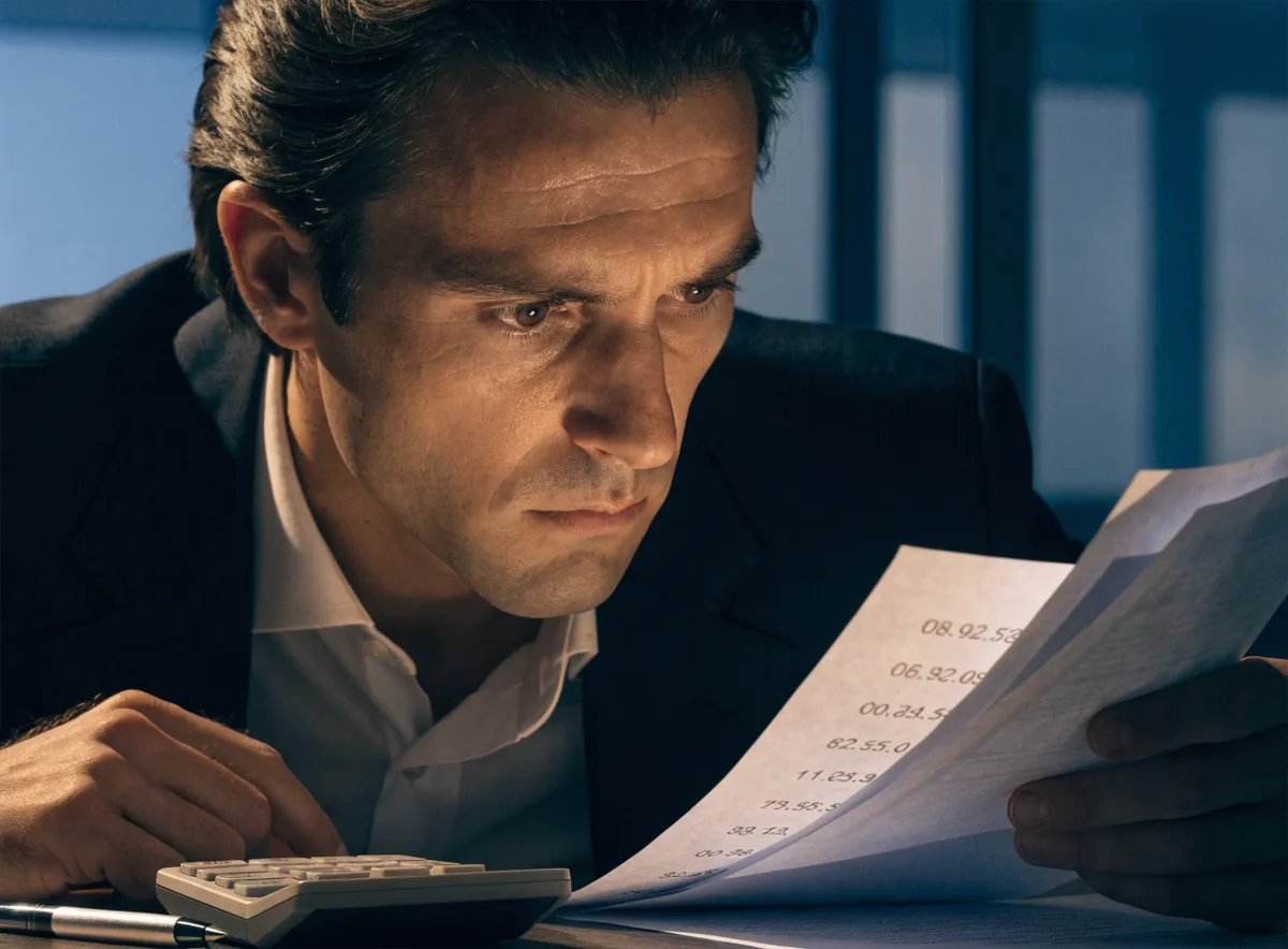 Director comercial calculando el ROI de una campaña de telemarketing sobre una hoja con cifras de coste por reunión