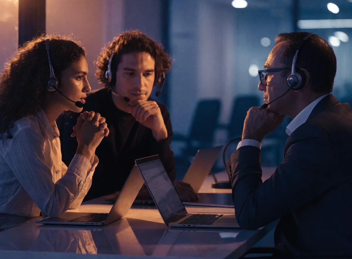 Equipo de un contact center revisando el catálogo de servicios de una campaña en una reunión de trabajo