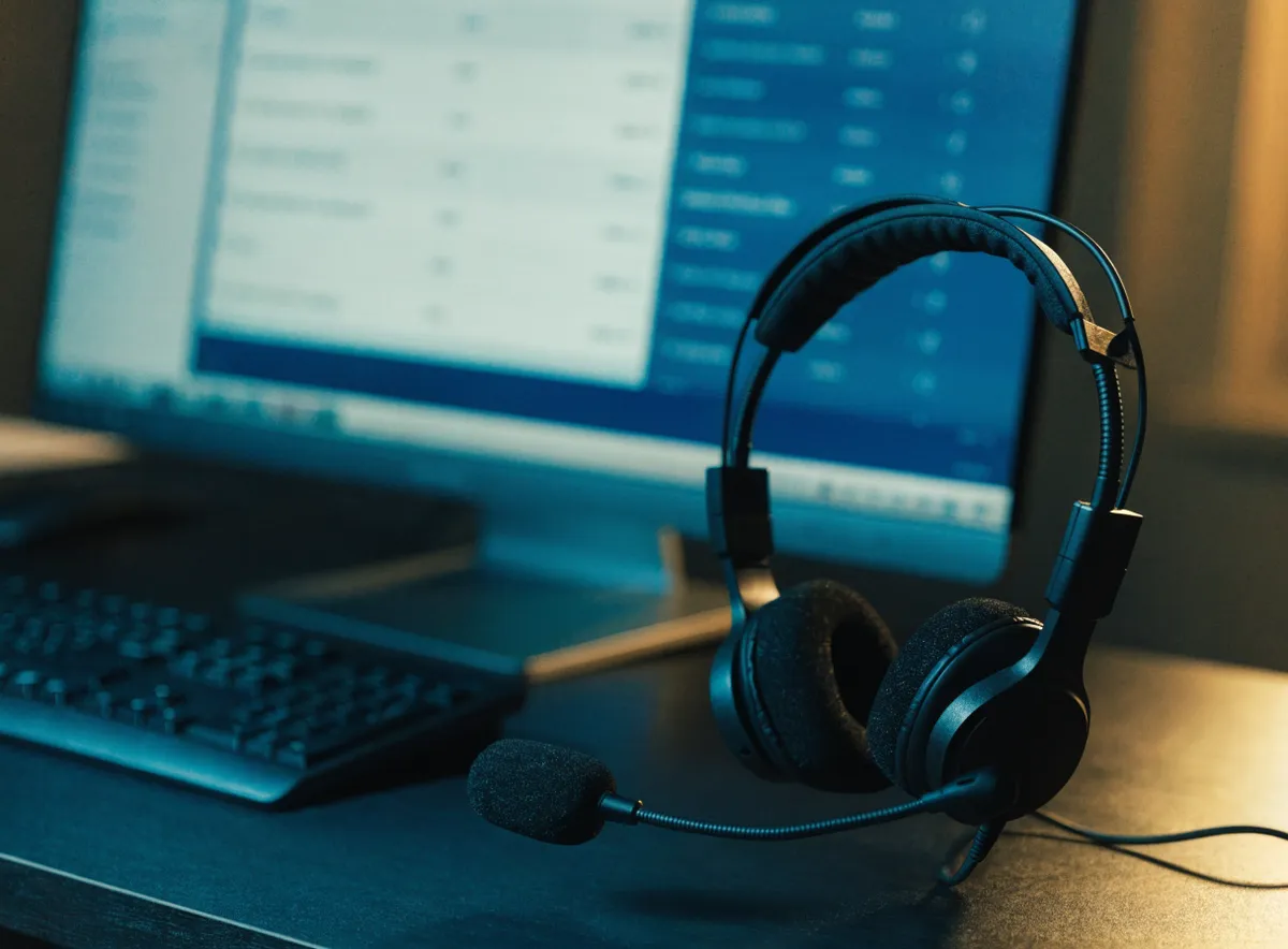 Puesto de un help desk de soporte técnico: auriculares junto a un teclado y una pantalla con la cola de tickets