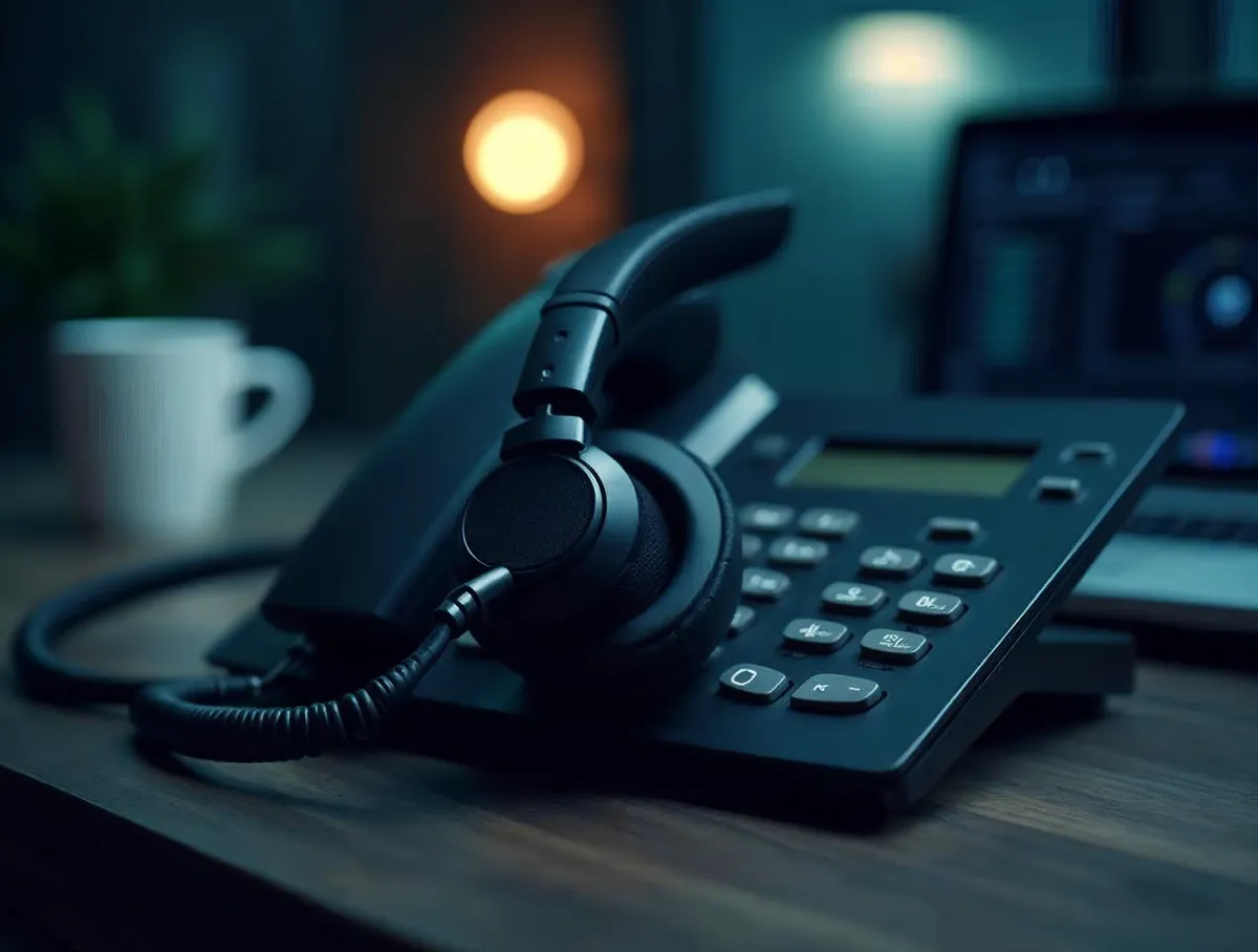 Auriculares de contact center y teléfono sobre una mesa de oficina B2B