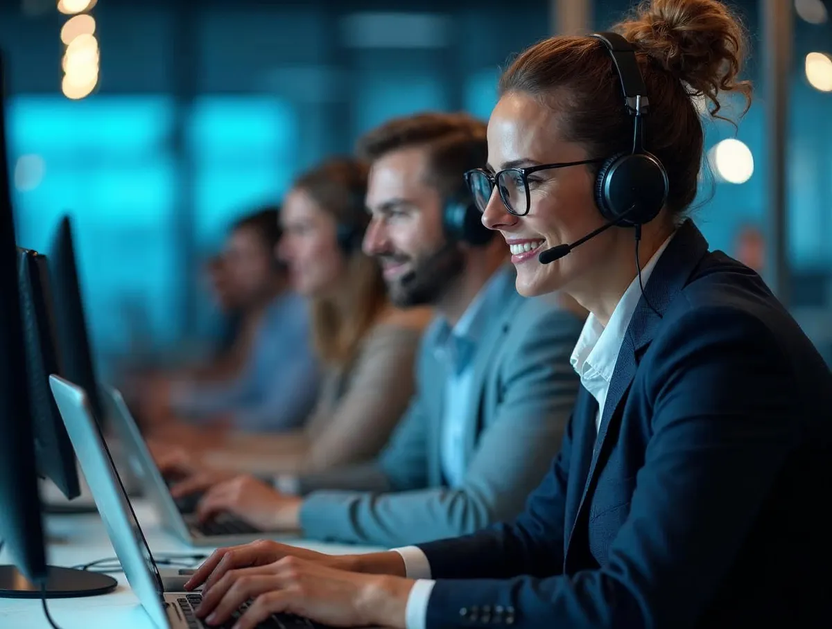 Equipo de telemarketing B2B profesional atendiendo cuentas corporativas en contact center