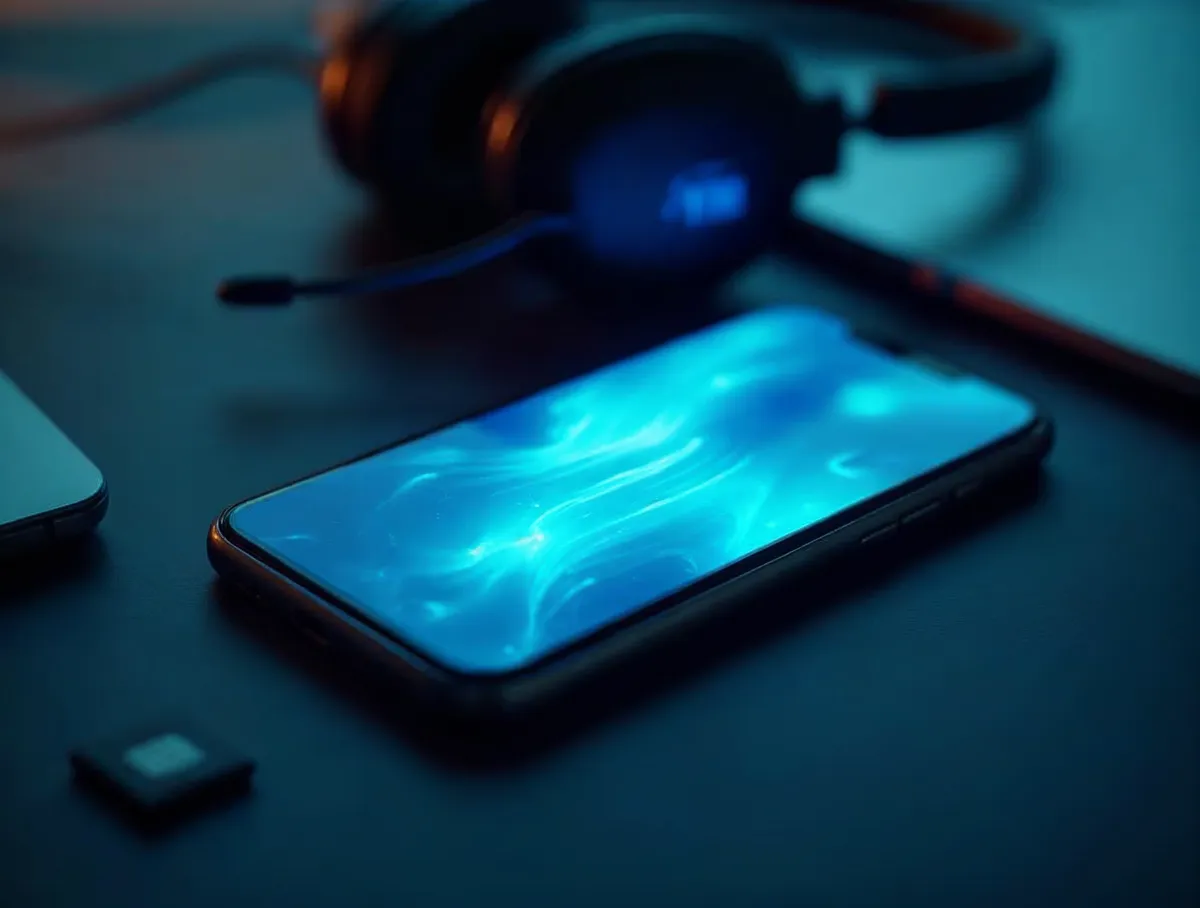 Smartphone con pantalla luminosa, auriculares y un microchip: tendencias del telemarketing