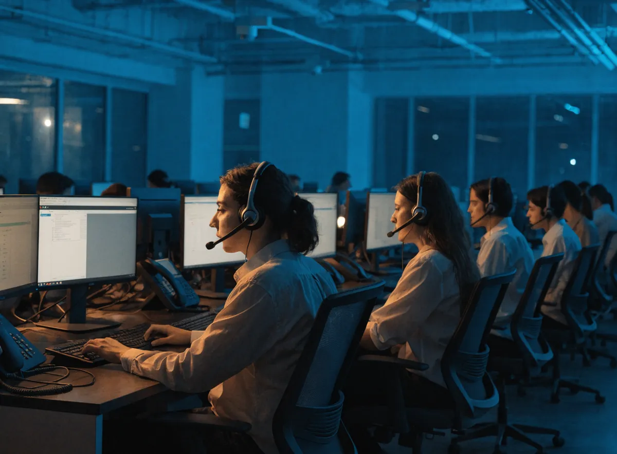 Sala de un contact center B2B con agentes con auriculares en sus puestos, que ilustra los distintos tipos de contact center