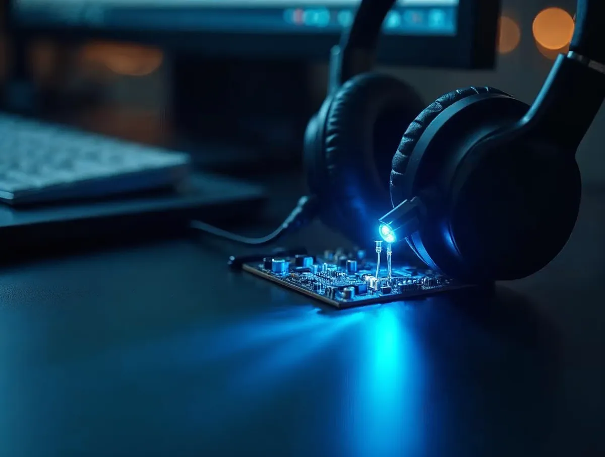Auriculares y una placa de circuito iluminada sobre una mesa: IA en telemarketing