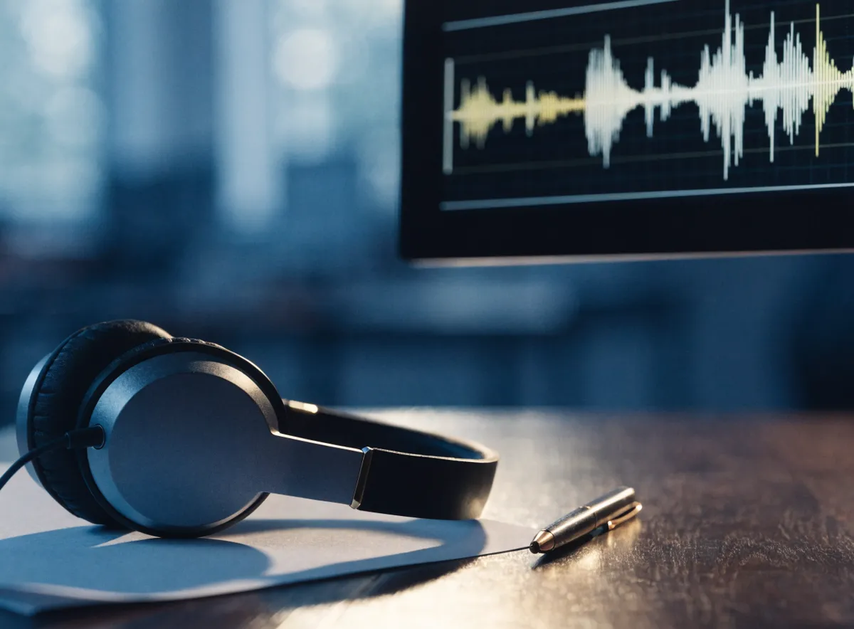 Puesto de verificación telefónica de contratos: auriculares y bolígrafo sobre un documento, junto a una pantalla con la onda de la llamada grabada
